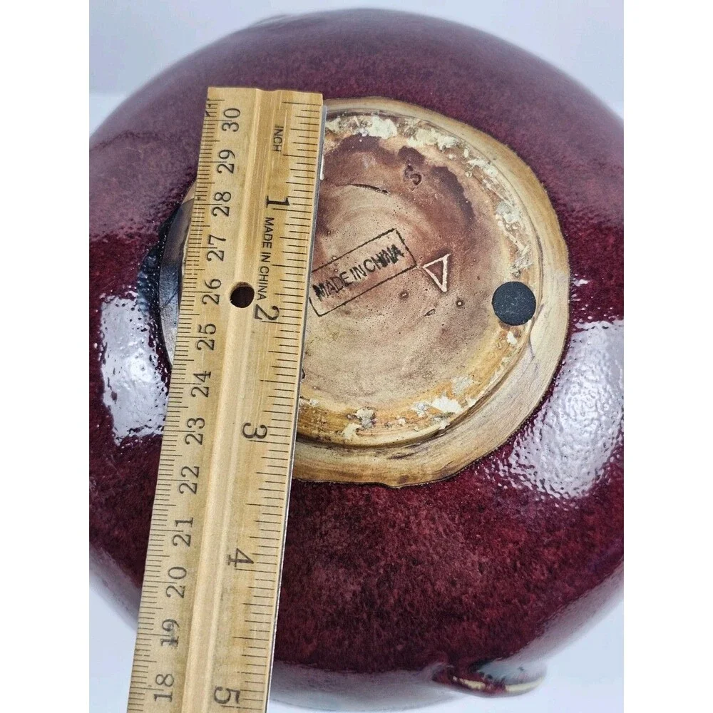 Vintage Oxblood Chinese Medallion Large Round Red Glossy Stoneware Vase